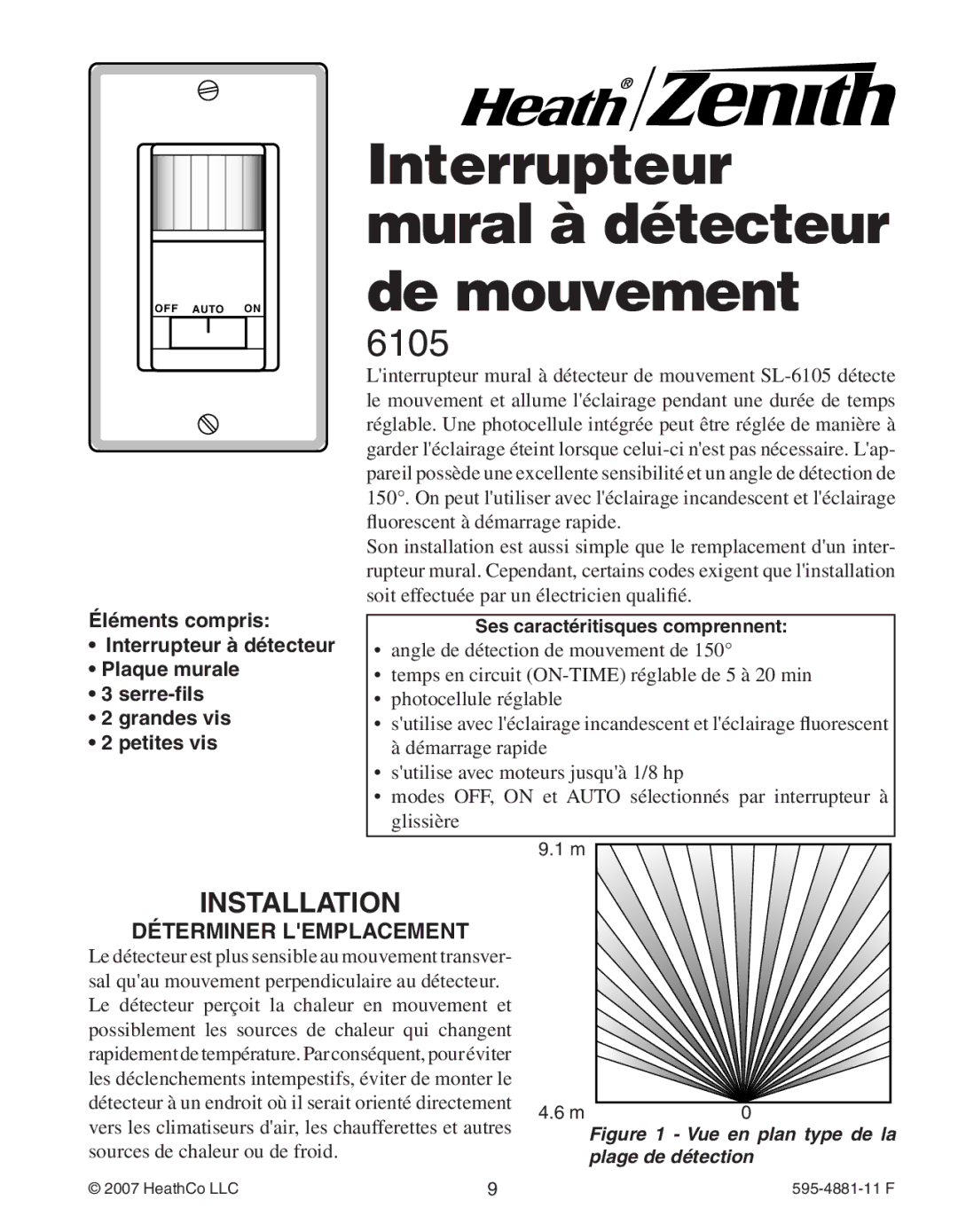 Heath Zenith 6105 manual Interrupteur mural à détecteur, Déterminer Lemplacement 