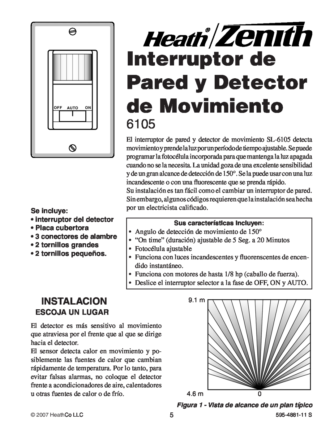 Heath Zenith 6105 manual Interruptor de Pared y Detector de Movimiento, Instalacion, Se incluye interruptor del detector 