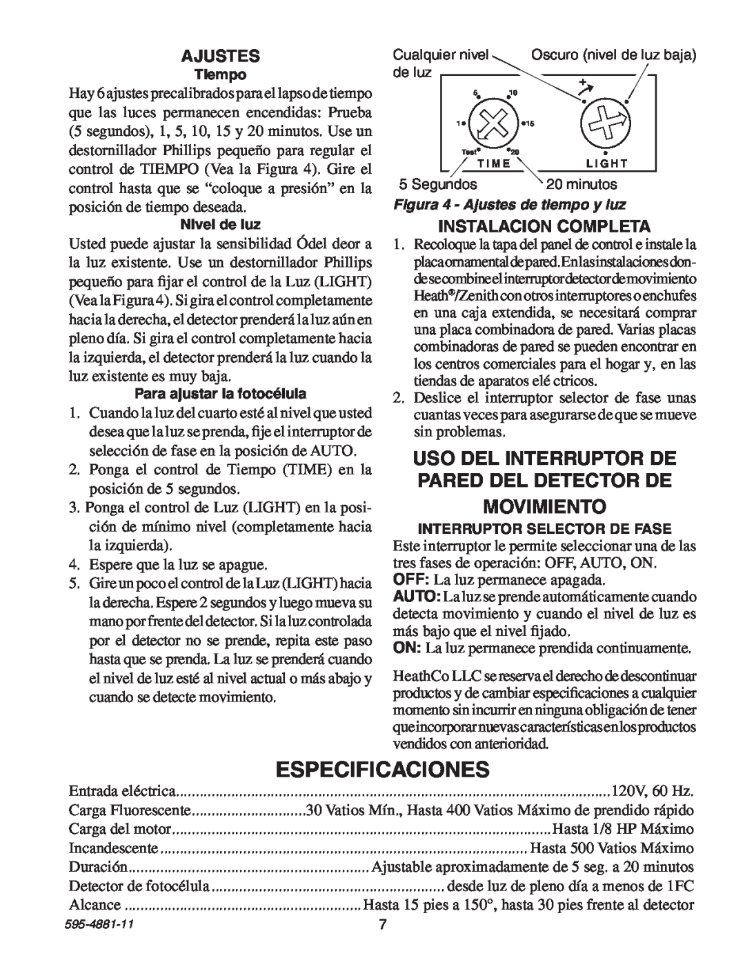 Heath Zenith 6105 manual Especificaciones, Uso Del Interruptor De Pared Del Detector De, Movimiento, Ajustes 