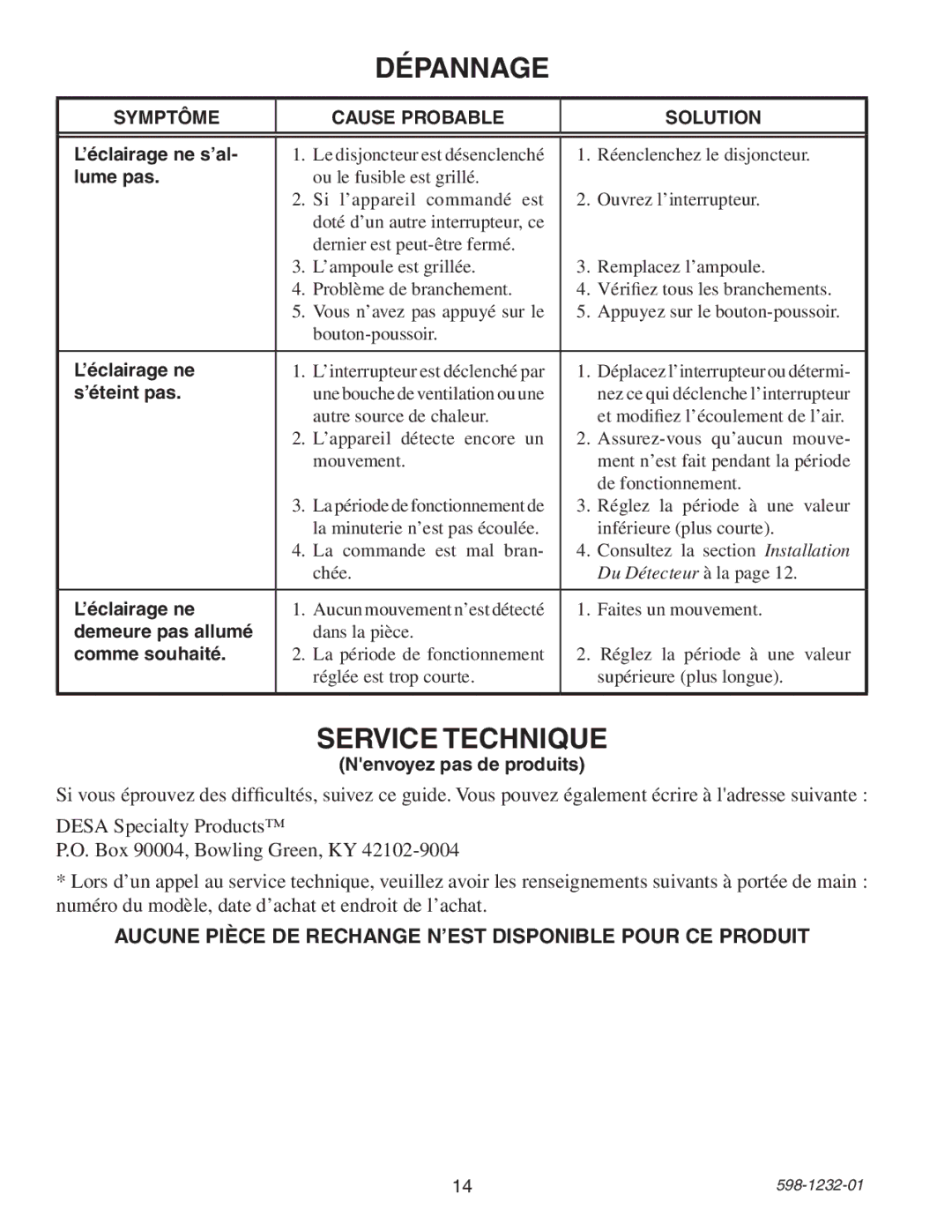 Heath Zenith 6106 owner manual Dépannage, Service Technique, Aucune Pièce DE Rechange N’EST Disponible Pour CE Produit 