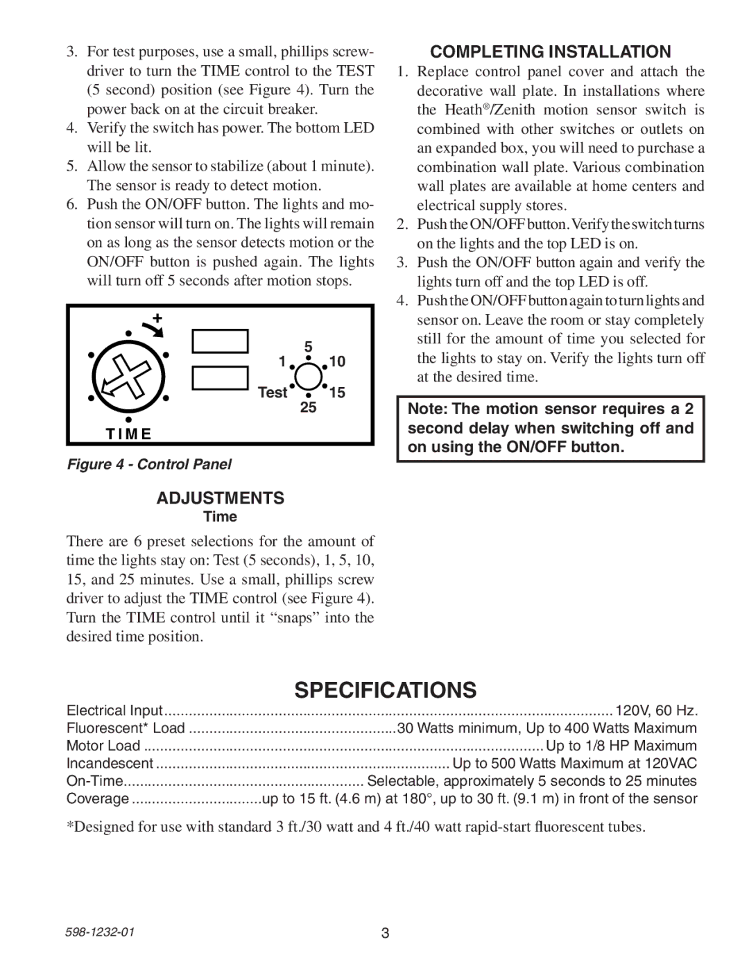 Heath Zenith 6106 owner manual Specifications, Completing Installation, Adjustments, M E 