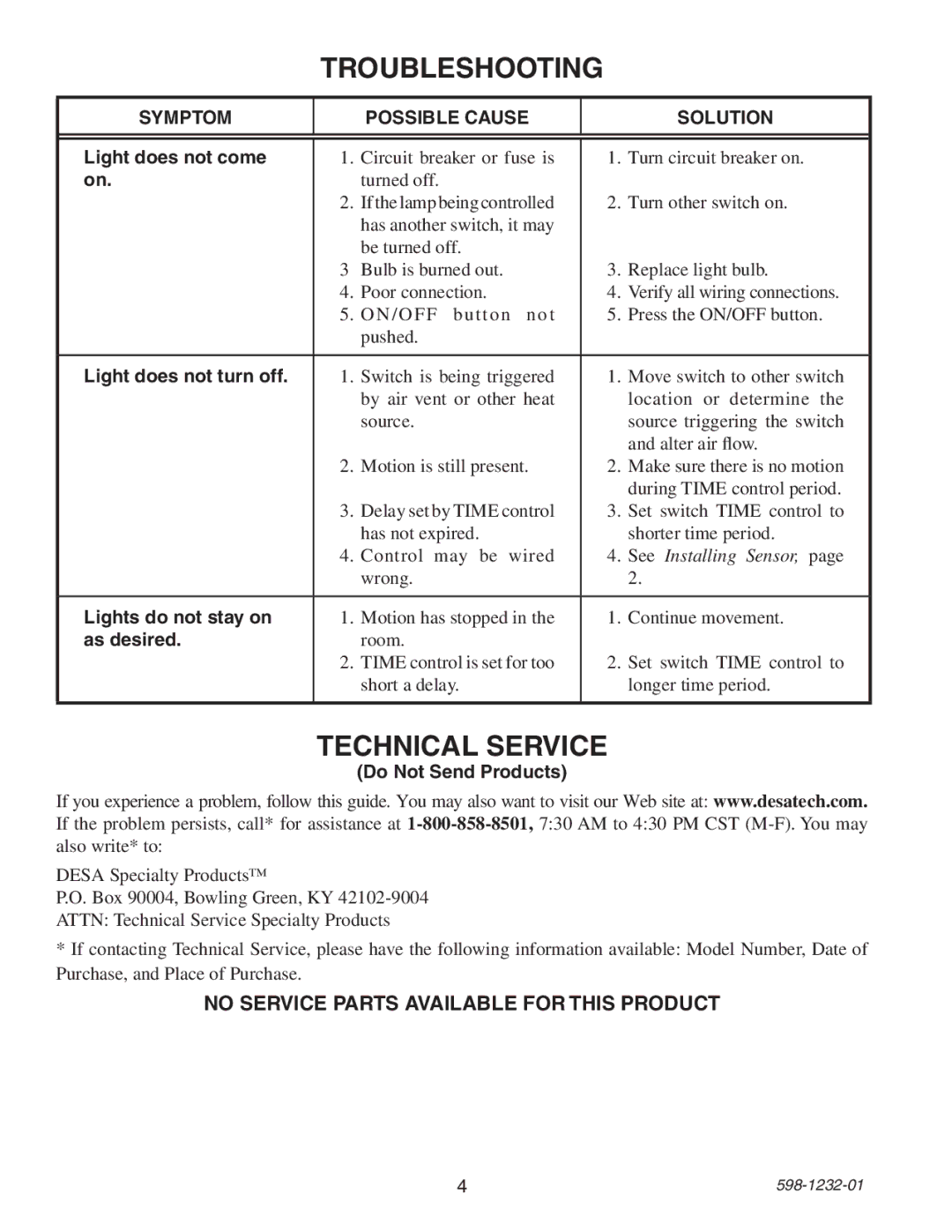 Heath Zenith 6106 owner manual Troubleshooting, Technical Service, No Service Parts Available for this Product 