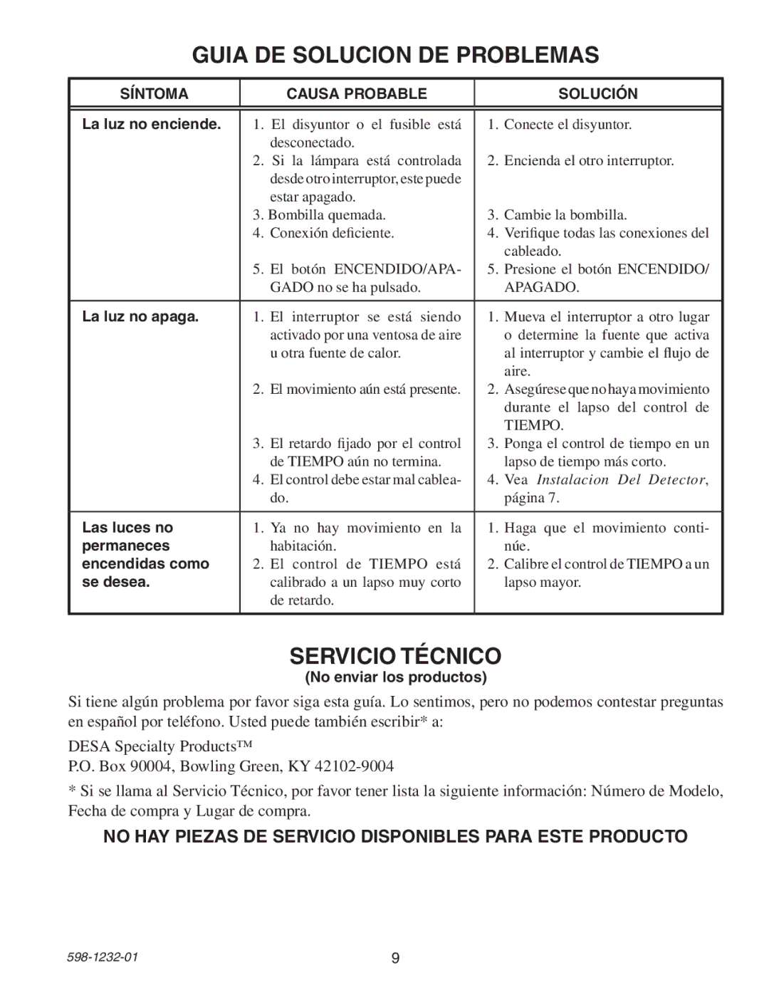 Heath Zenith 6106 owner manual Guia DE Solucion DE Problemas, Servicio Técnico, Síntoma Causa Probable Solución 