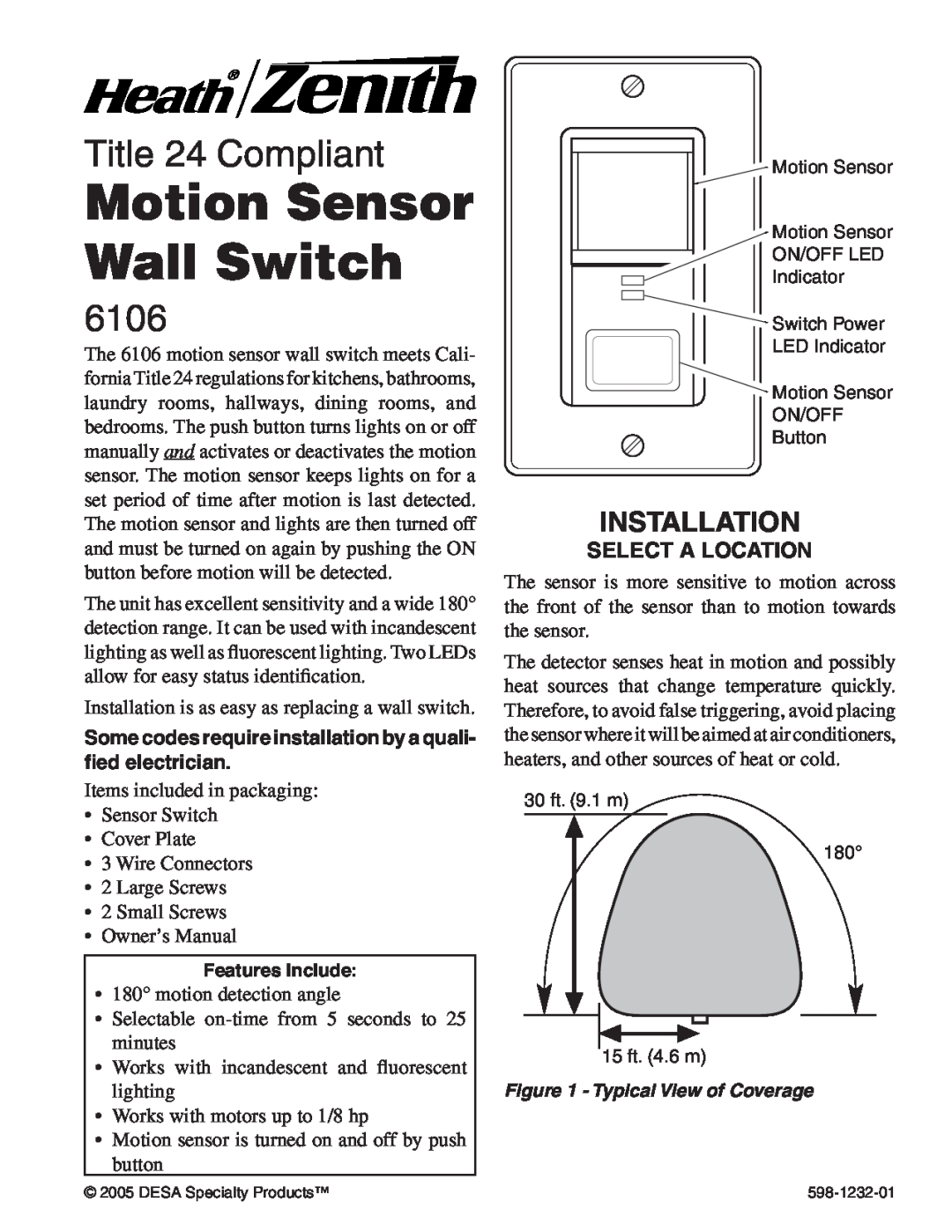 Heath Zenith 6106 owner manual Installation, Some codes require installation by a quali- ﬁed electrician, Features include 