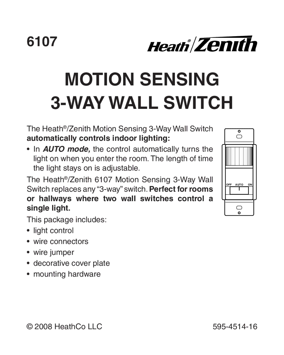 Heath Zenith 6107 manual Motion Sensing Way Wall Switch 