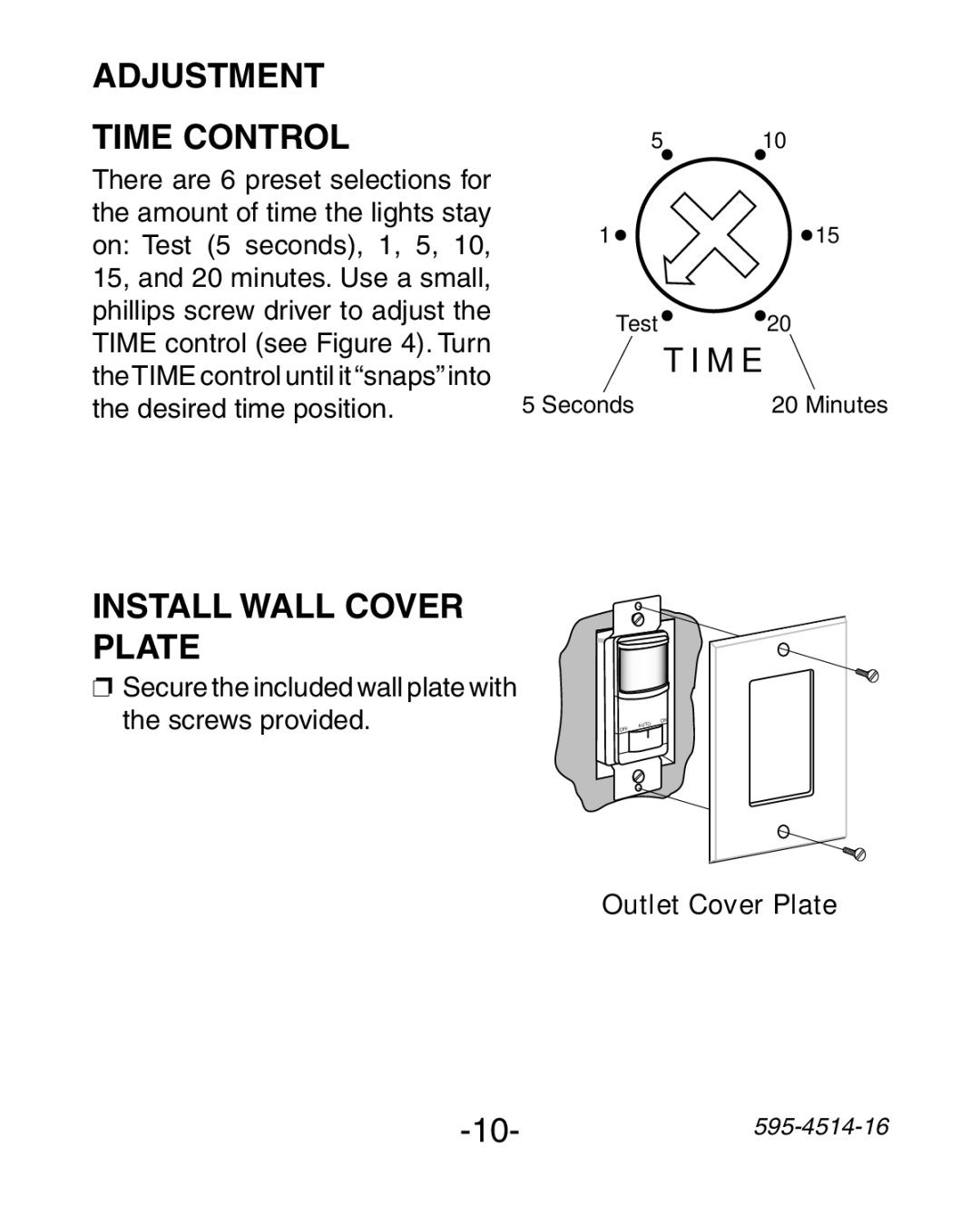 Heath Zenith 6107 manual Time Control, M E, Install Wall Cover Plate 