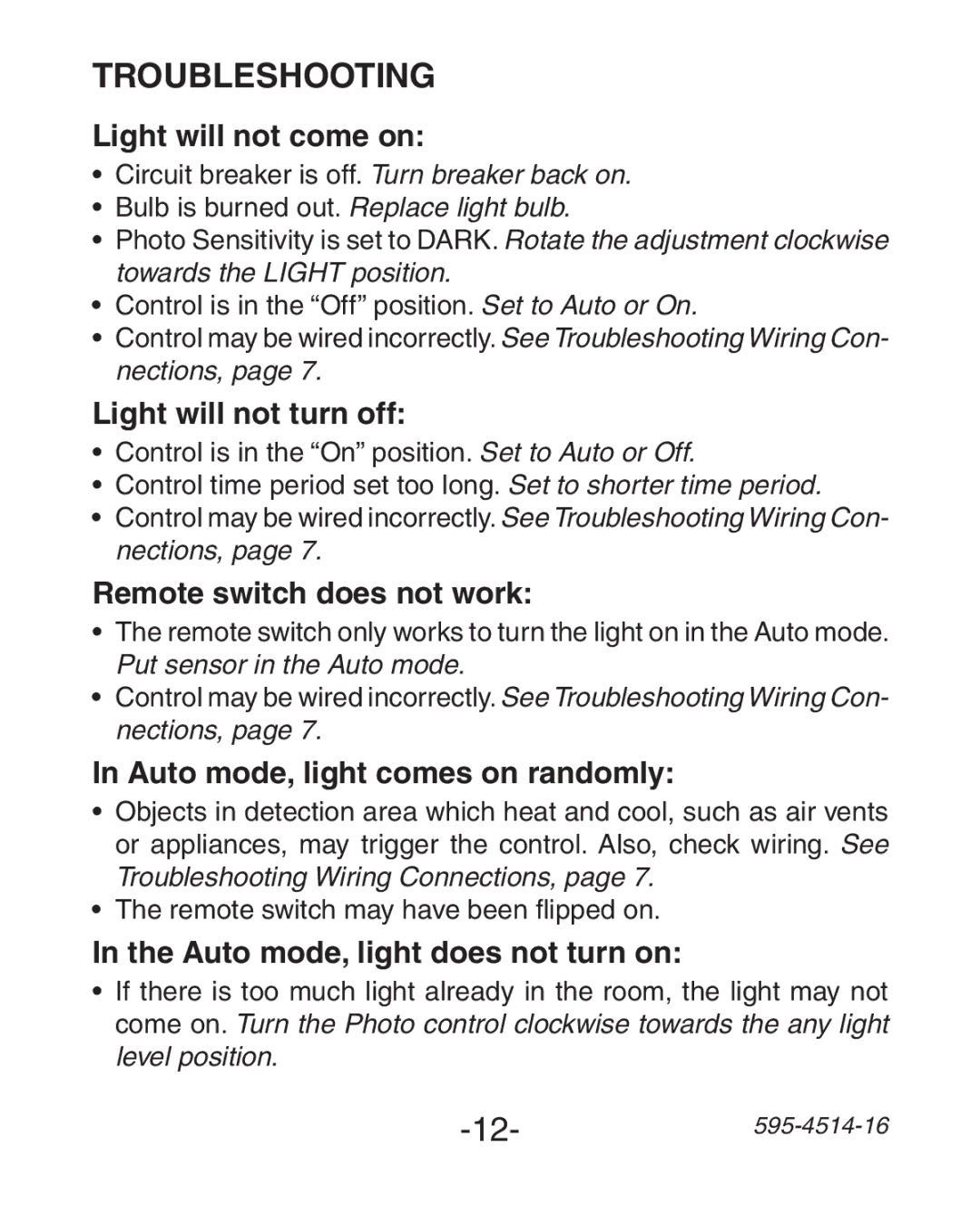 Heath Zenith 6107 manual Troubleshooting 