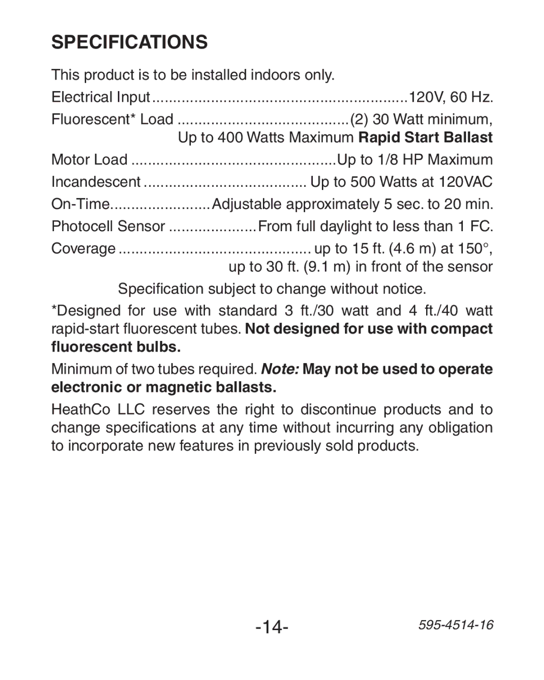 Heath Zenith 6107 manual Specifications 