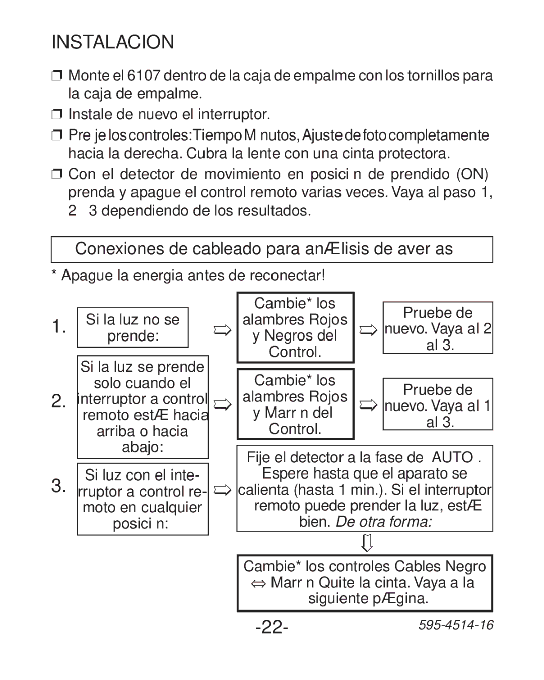 Heath Zenith 6107 manual Conexiones de cableado para análisis de averías, Apague la energia antes de reconectar 