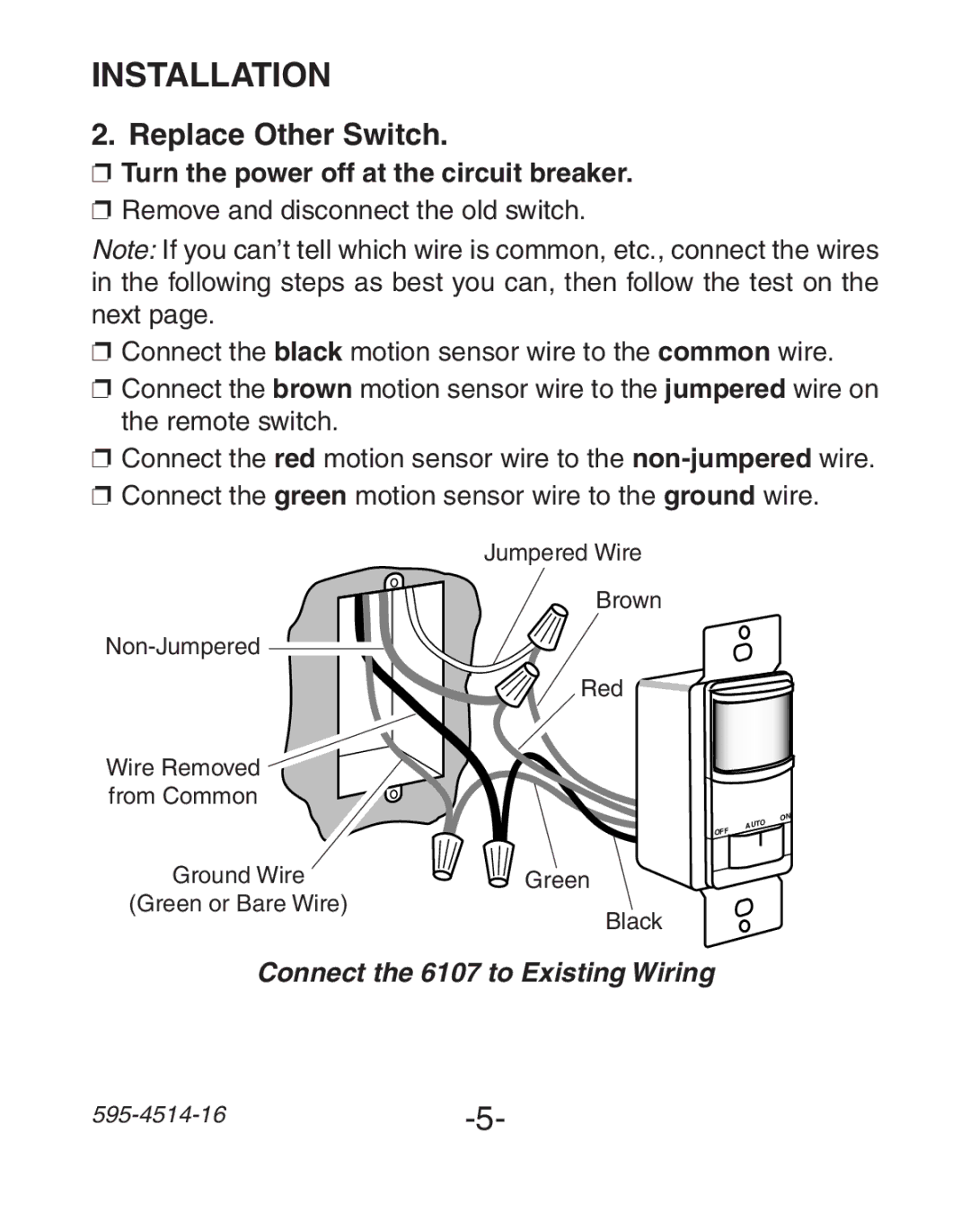 Heath Zenith 6107 manual Replace Other Switch, Turn the power off at the circuit breaker 