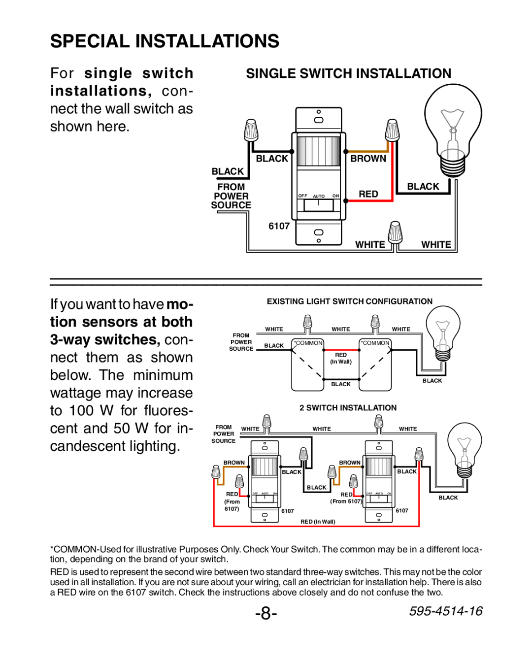 Heath Zenith 6107 manual Special Installations, Installations, con- nect the wall switch as shown here 