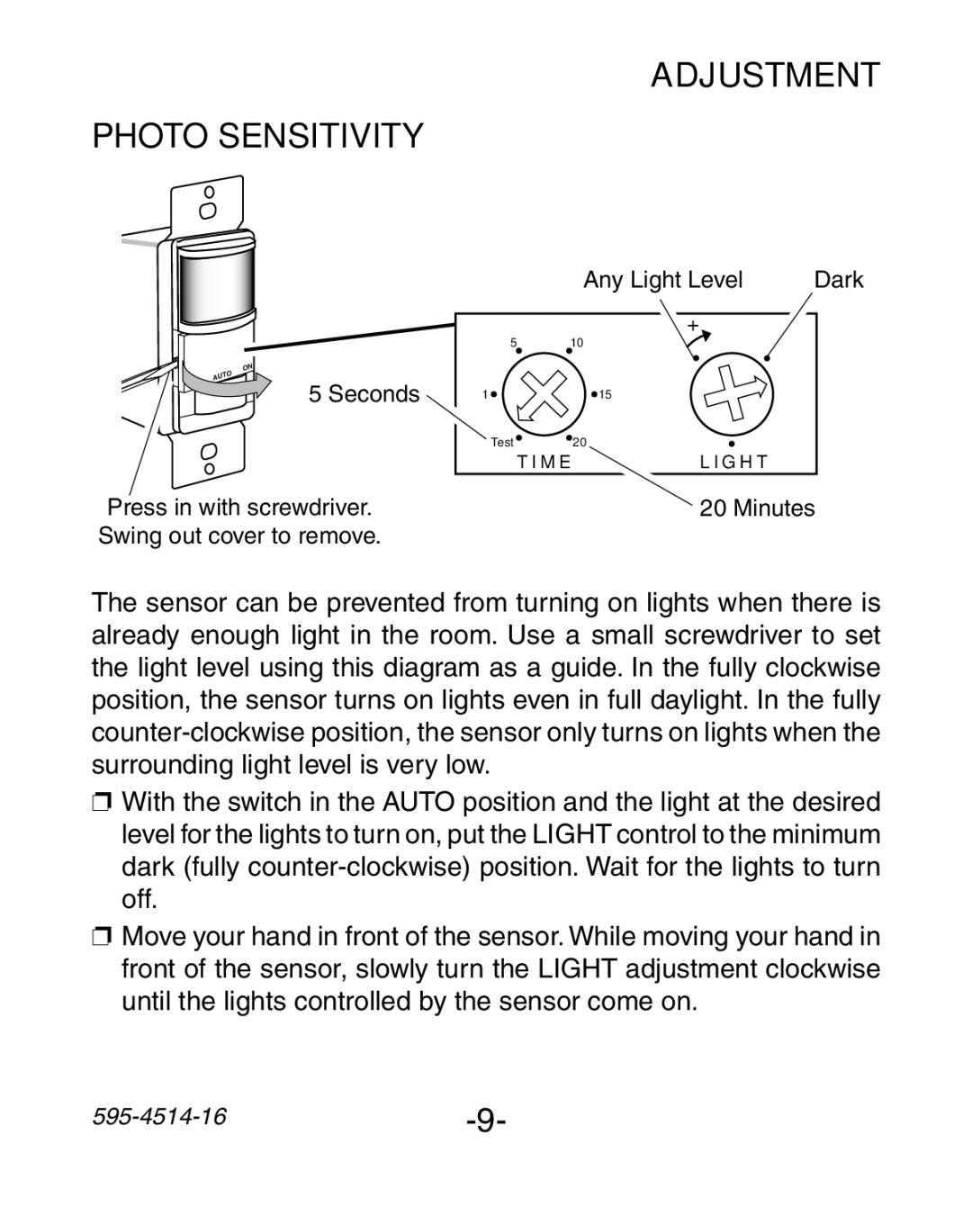 Heath Zenith 6107 manual Adjustment, Photo Sensitivity 