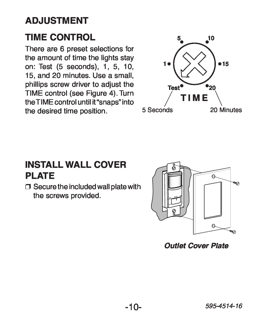 Heath Zenith 6107 manual ADJUSTMENT Time Control, T I M E, Install Wall Cover Plate, Outlet Cover Plate, 5 115 Test20 