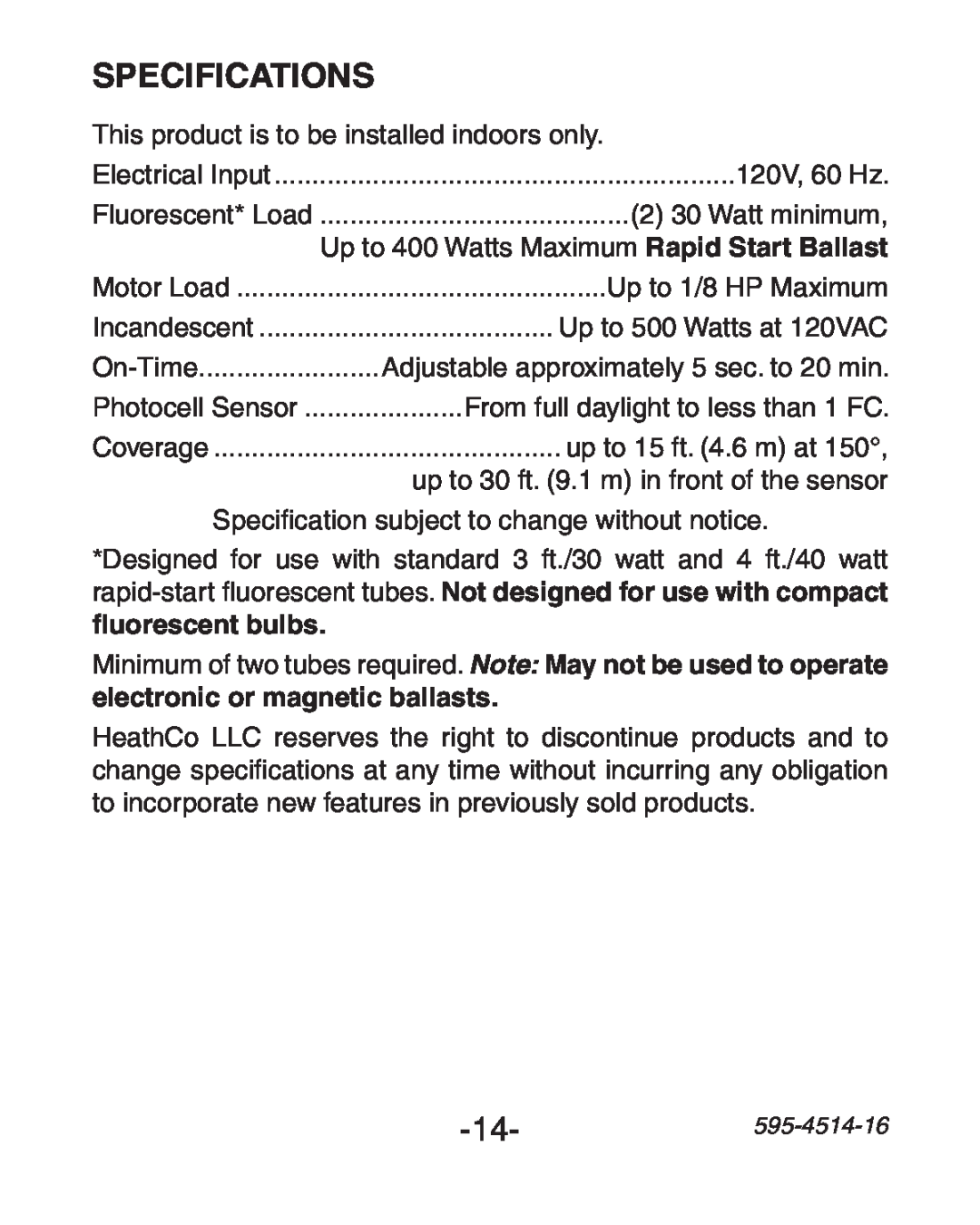 Heath Zenith 6107 manual Specifications 