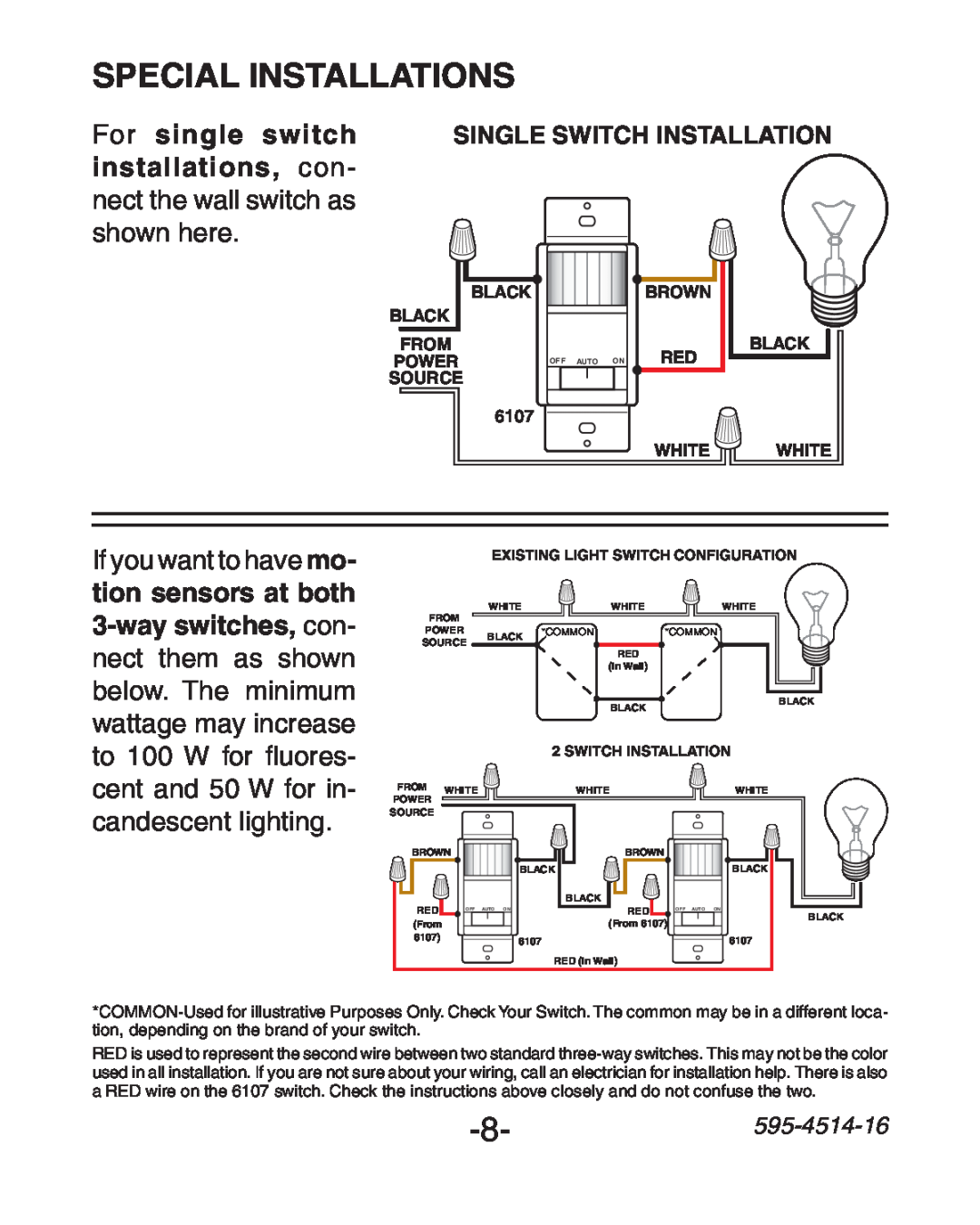 Heath Zenith 6107 Special Installations, For single switch SINGLE SWITCH INSTALLATION, 595-4514-16, Black Black, Brown 