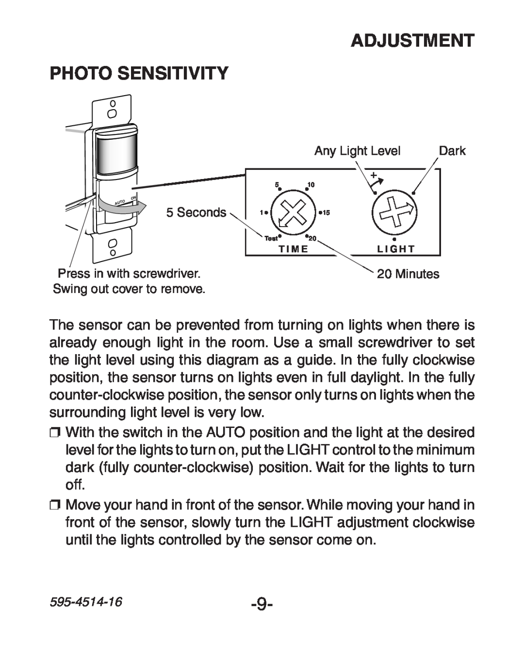 Heath Zenith 6107 manual ADJUSTMENT Photo Sensitivity, Seconds 