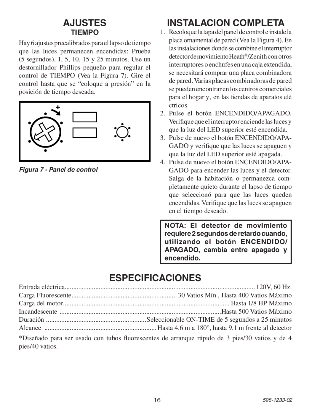 Heath Zenith 6108 owner manual Ajustes, Instalacion Completa, Especificaciones, Tiempo 