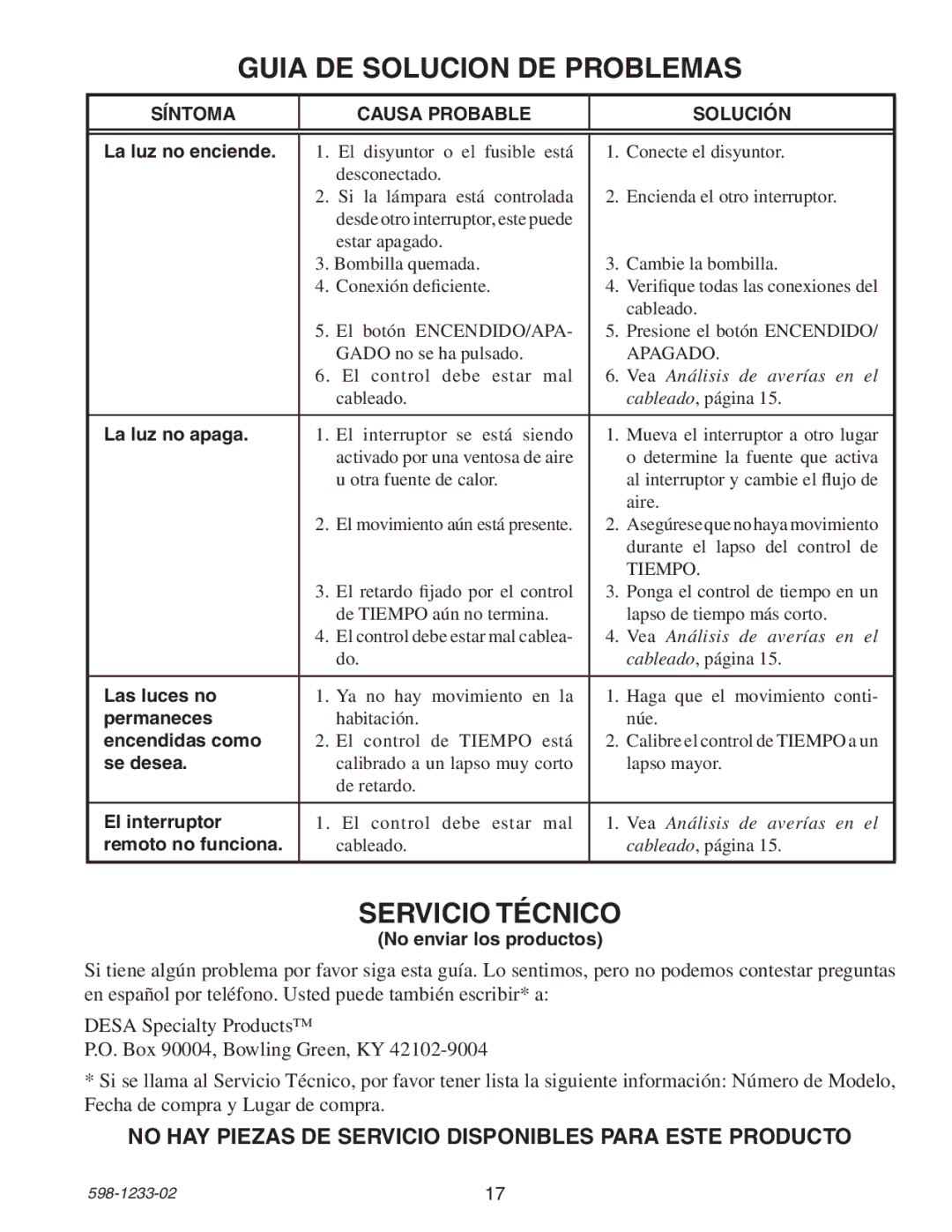 Heath Zenith 6108 owner manual Guia DE Solucion DE Problemas, Servicio Técnico, Síntoma Causa Probable Solución 