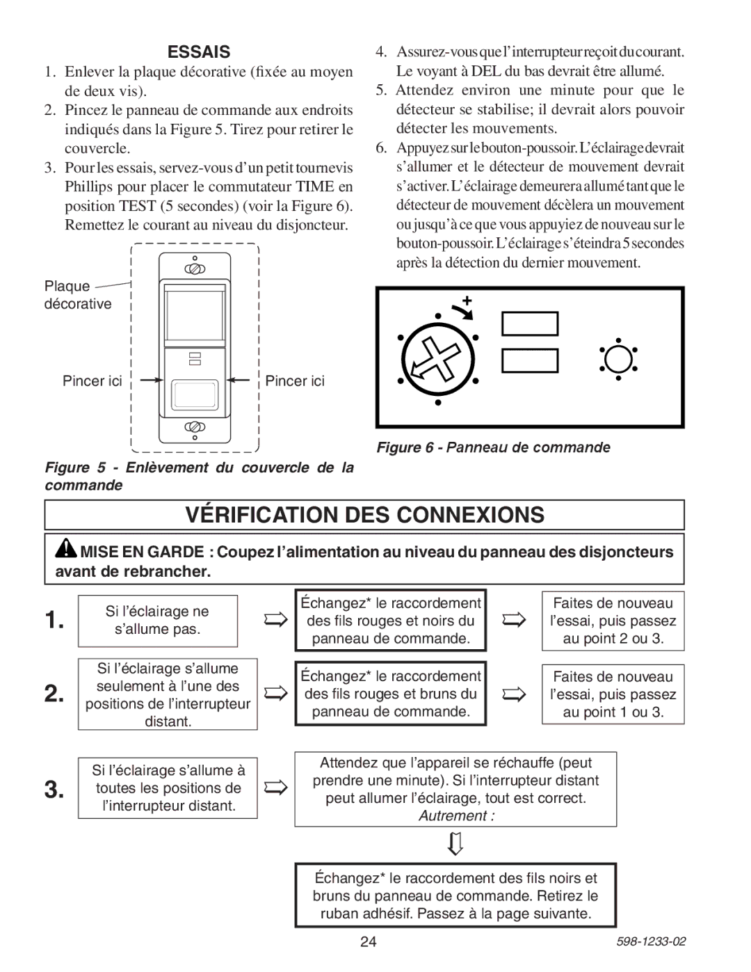 Heath Zenith 6108 owner manual Vérification DES Connexions, Essais 