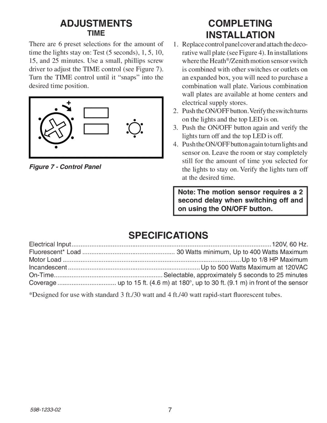 Heath Zenith 6108 owner manual Adjustments Completing, Specifications, Time 