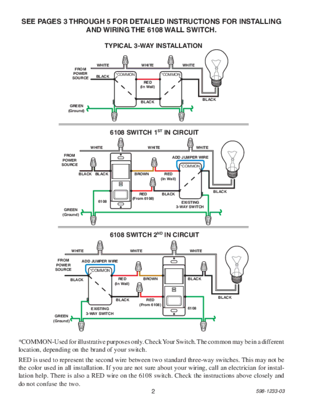 Heath Zenith 6108 owner manual Typical 3-WAY Installation, Switch 1ST in Circuit, Switch 2ND in Circuit 