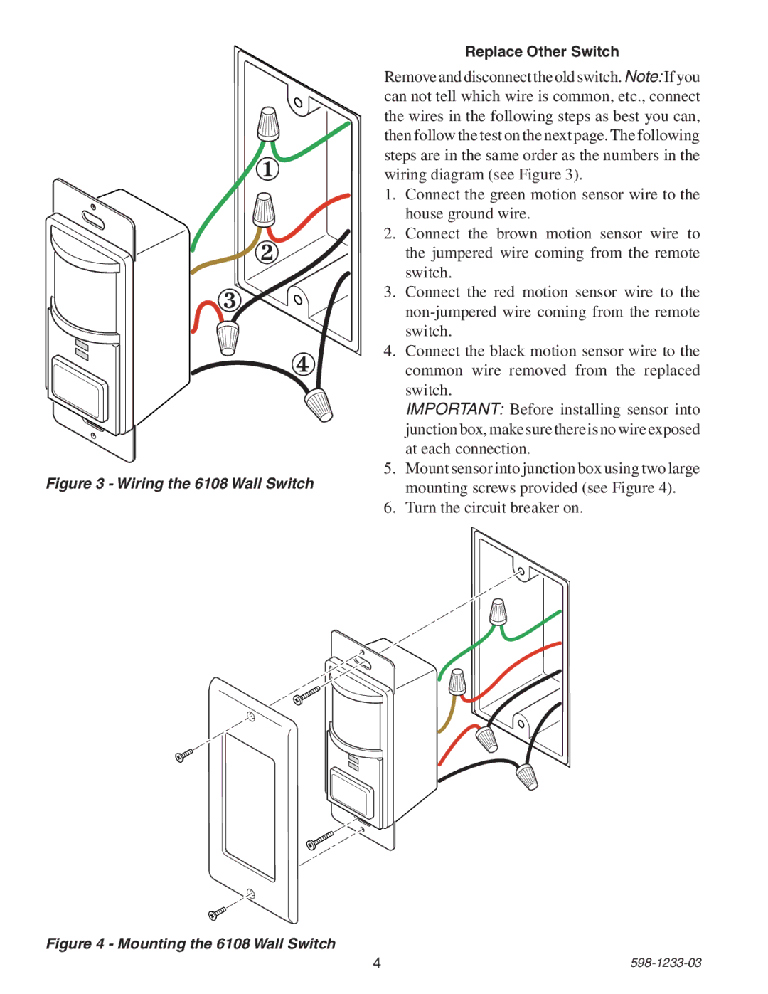 Heath Zenith owner manual Wiring the 6108 Wall Switch, Replace Other Switch 