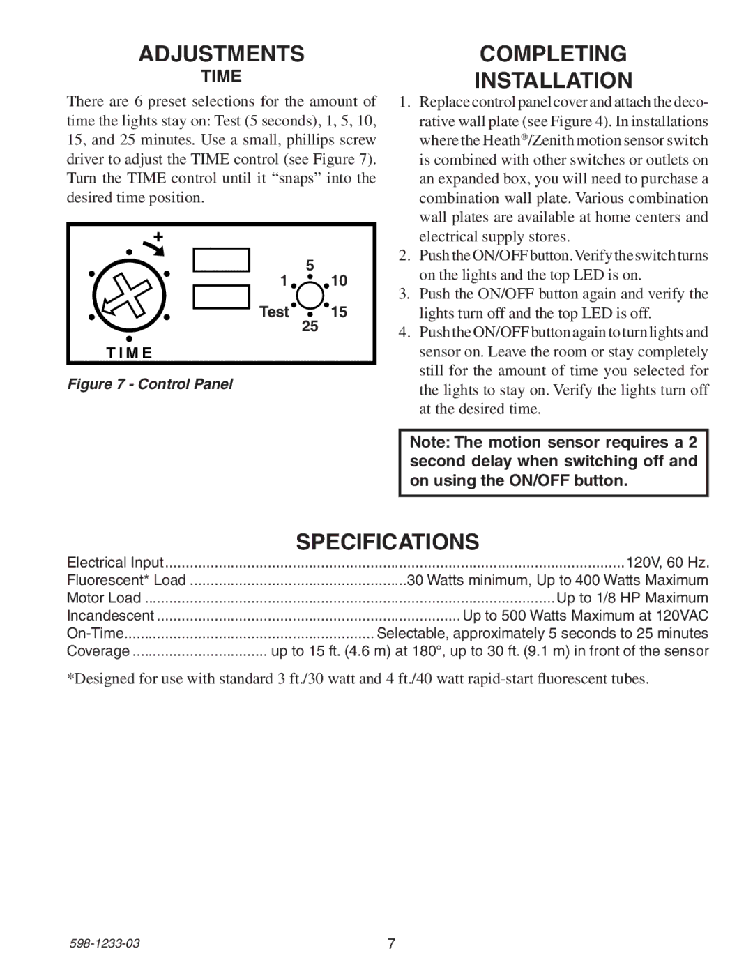 Heath Zenith 6108 owner manual Adjustments, Completing, Installation, Specifications, Time 