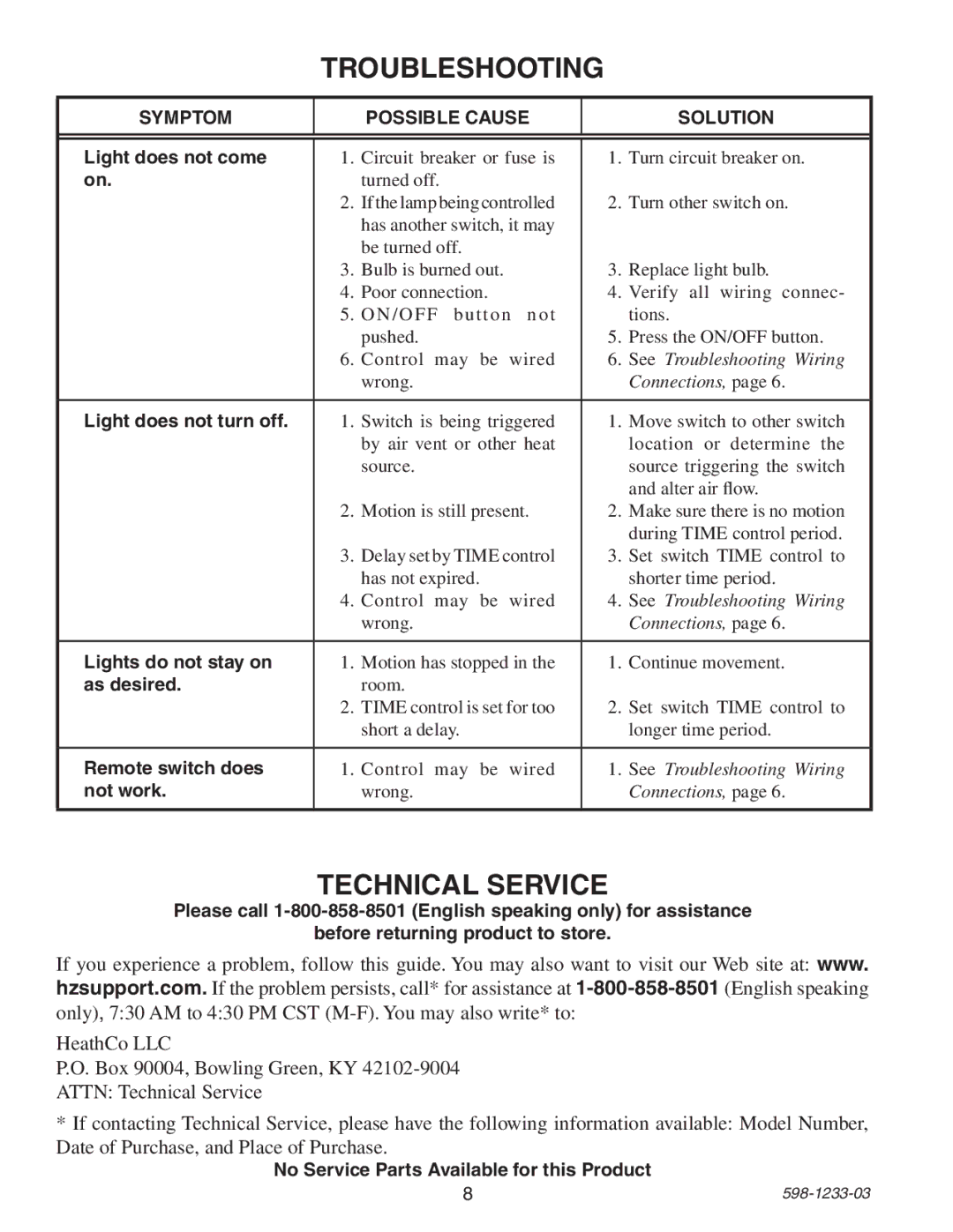 Heath Zenith 6108 owner manual Troubleshooting, Technical Service, Symptom Possible Cause Solution 