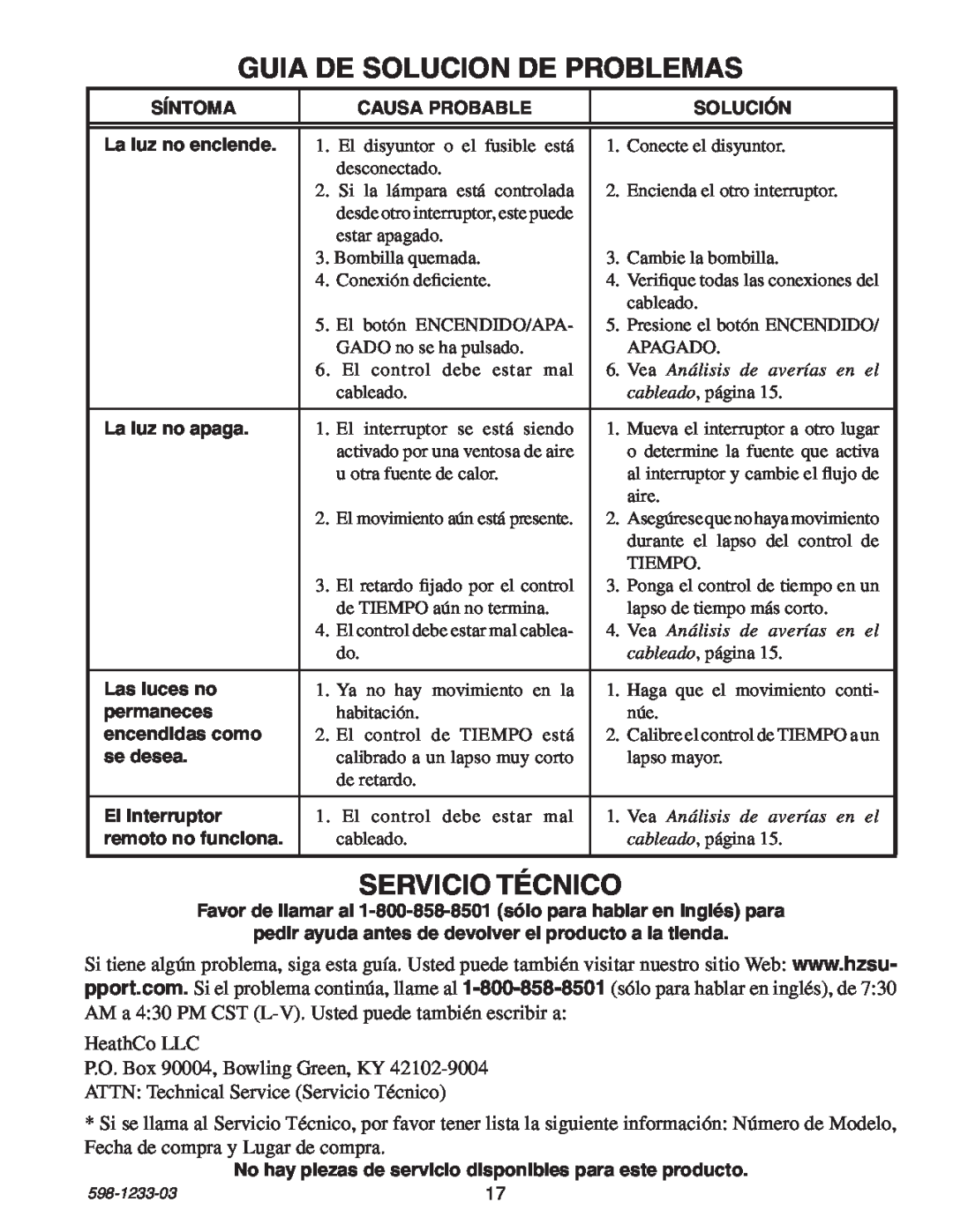 Heath Zenith 6108 owner manual Guia De Solucion De Problemas, Servicio Técnico 