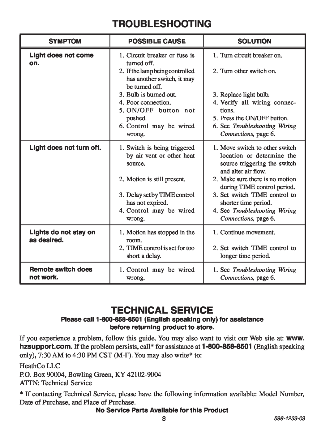 Heath Zenith 6108 owner manual Troubleshooting, Technical Service 