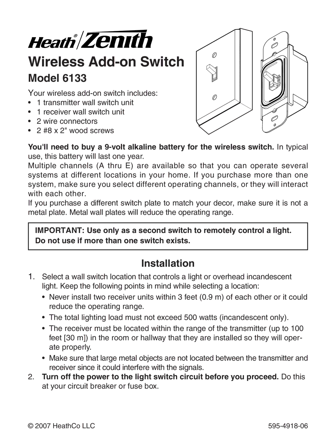 Heath Zenith 6133 manual Wireless Add-on Switch, Installation 