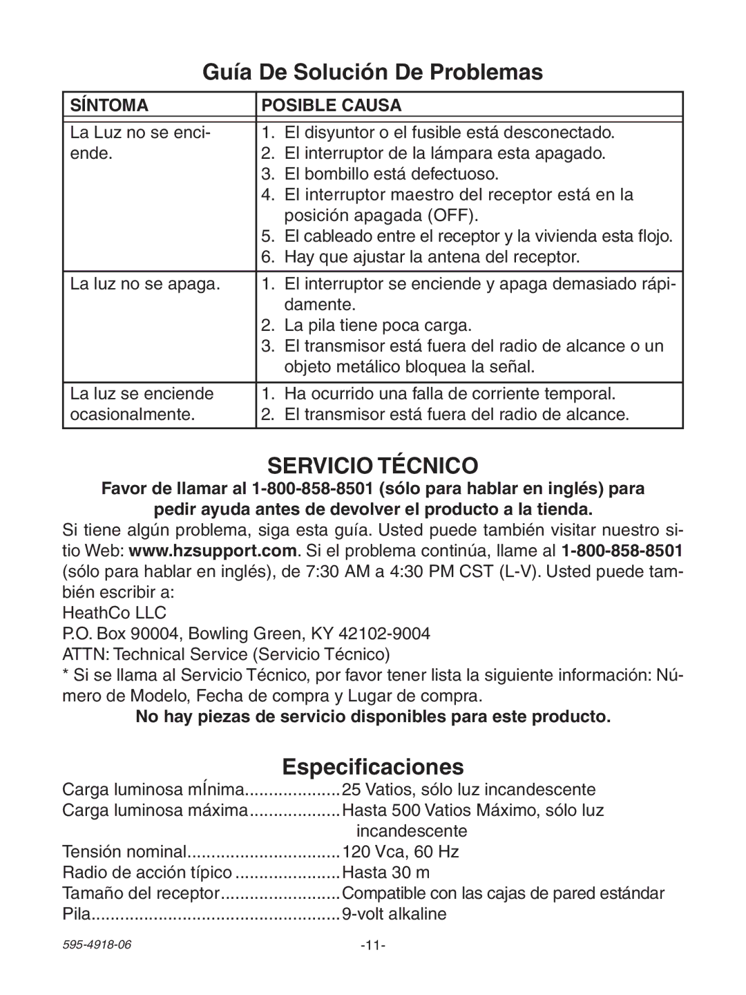 Heath Zenith 6133 manual Guía De Solución De Problemas, Especificaciones 