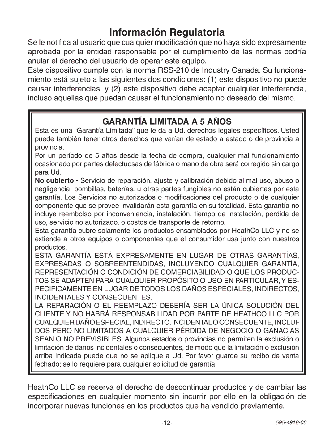 Heath Zenith 6133 manual Información Regulatoria, Garantía Limitada a 5 Años 