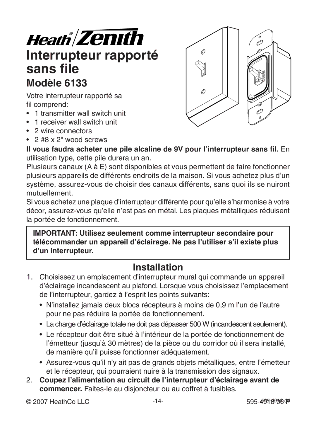 Heath Zenith 6133 manual Interrupteur rapporté sans file 