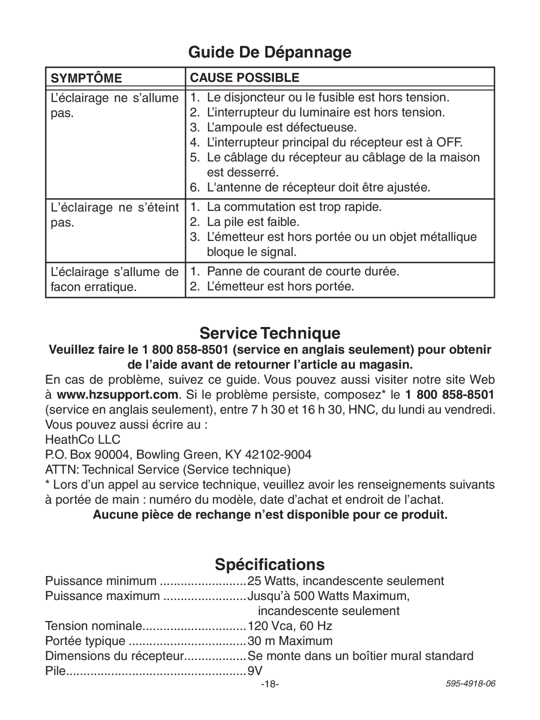 Heath Zenith 6133 manual Guide De Dépannage, Service Technique, Spécifications 