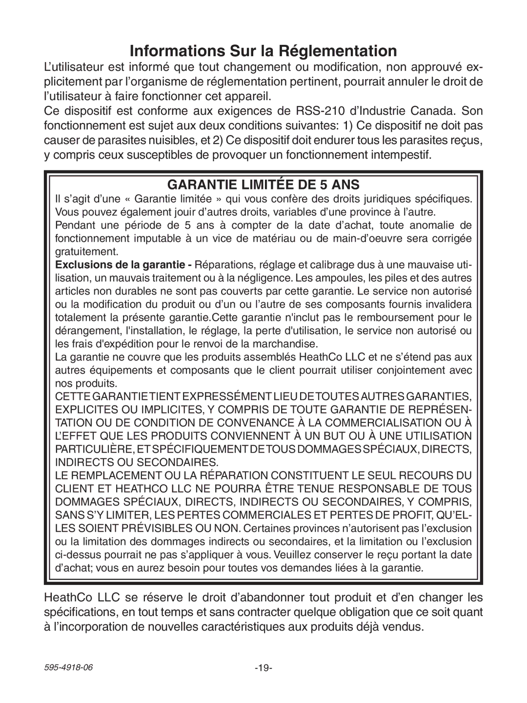 Heath Zenith 6133 manual Informations Sur la Réglementation, Garantie Limitée DE 5 ANS 