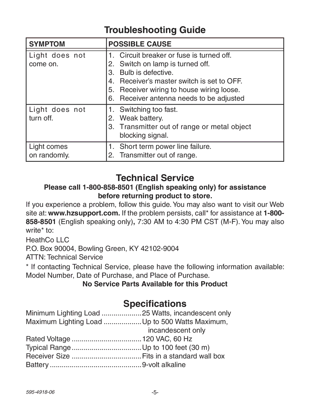 Heath Zenith 6133 manual Troubleshooting Guide, Technical Service, Specifications 