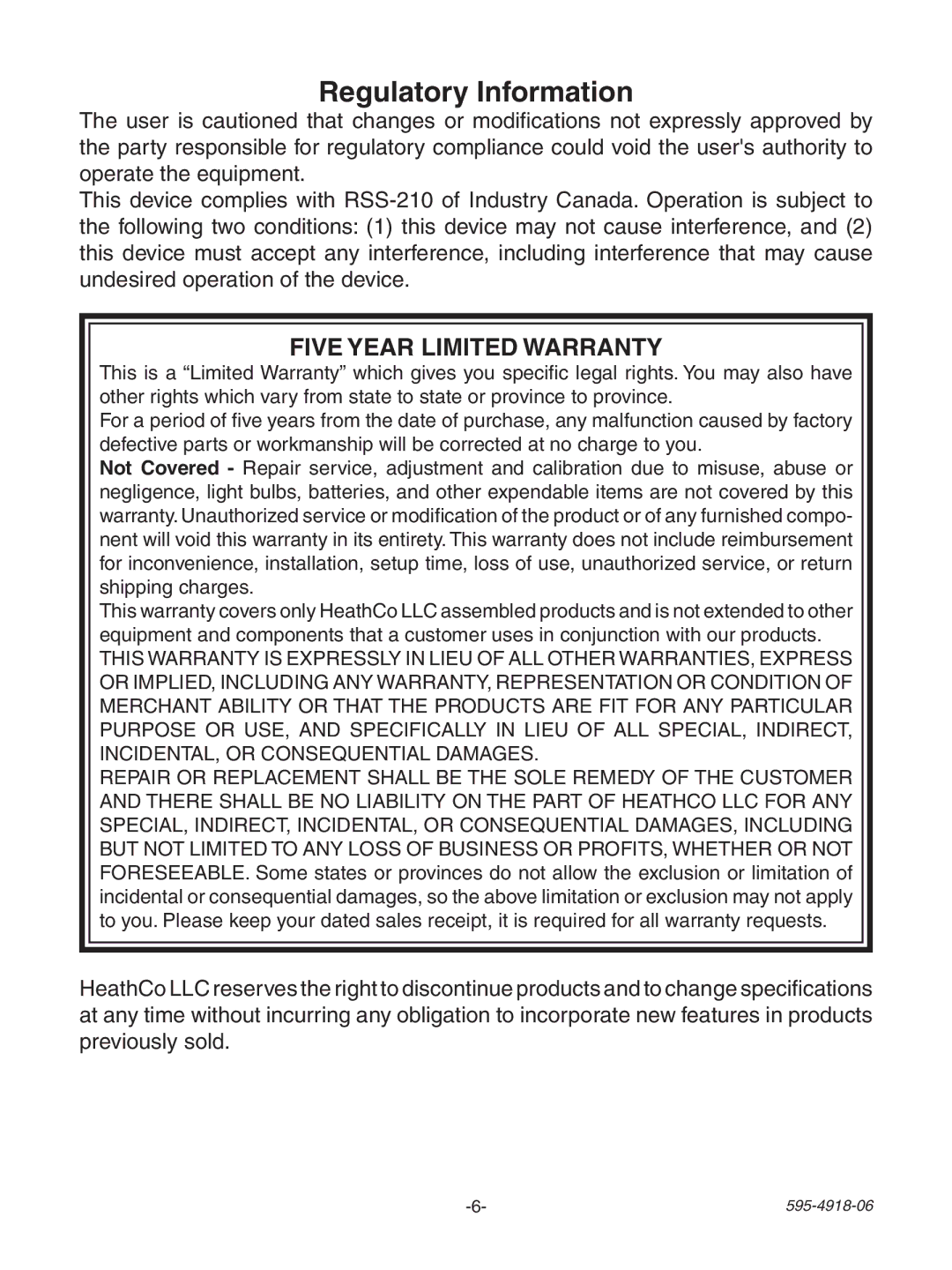 Heath Zenith 6133 manual Regulatory Information, Five Year Limited Warranty 