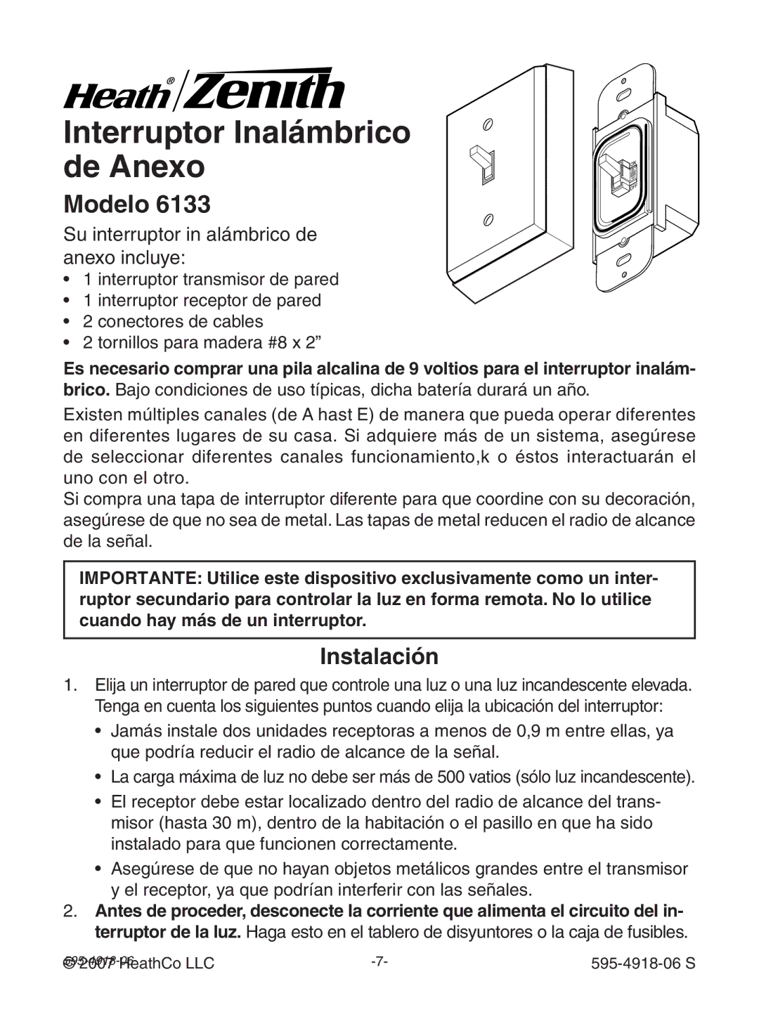 Heath Zenith 6133 manual Interruptor Inalámbrico de Anexo, Instalación 