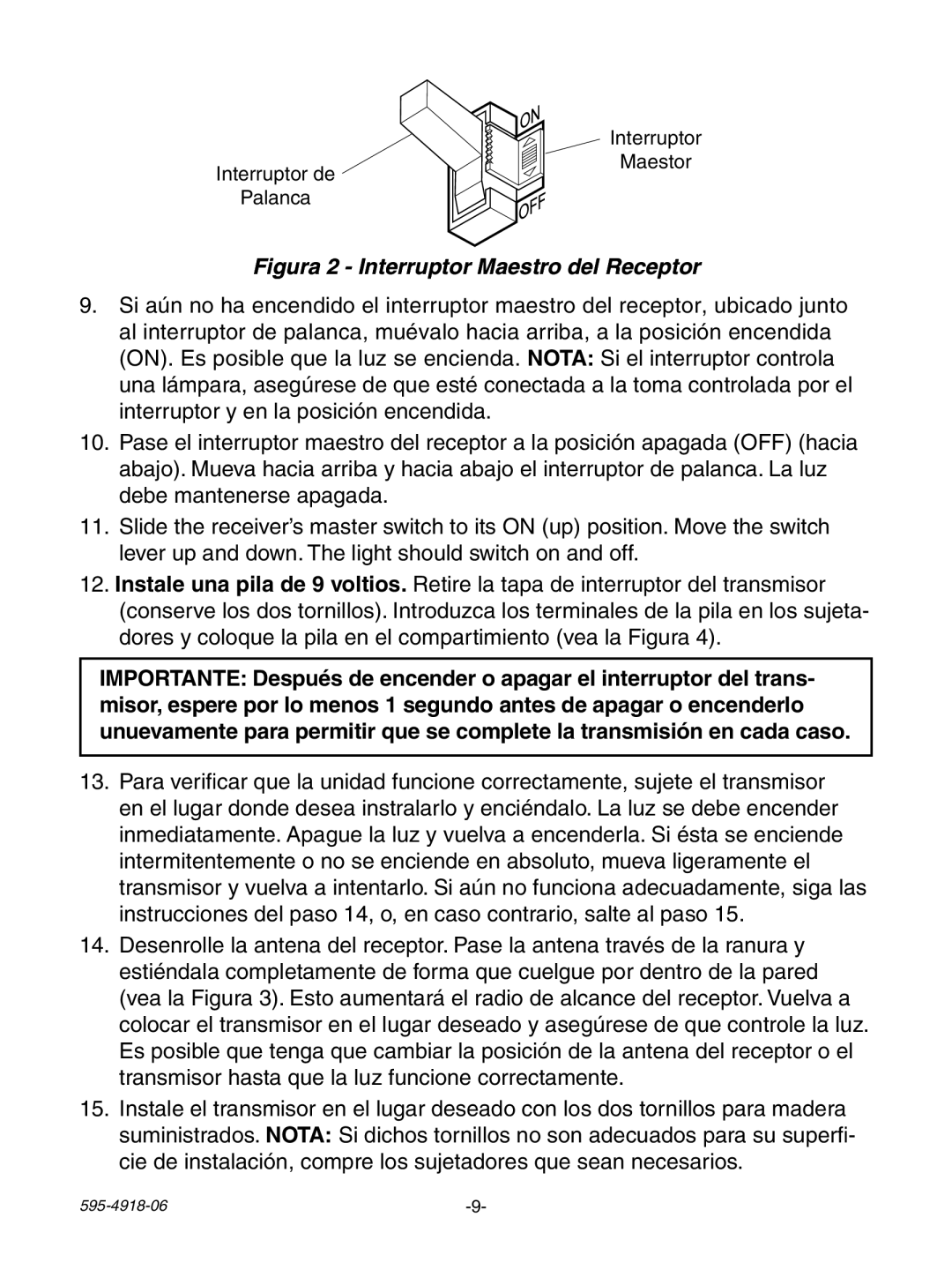 Heath Zenith 6133 manual Figura 2 Interruptor Maestro del Receptor 