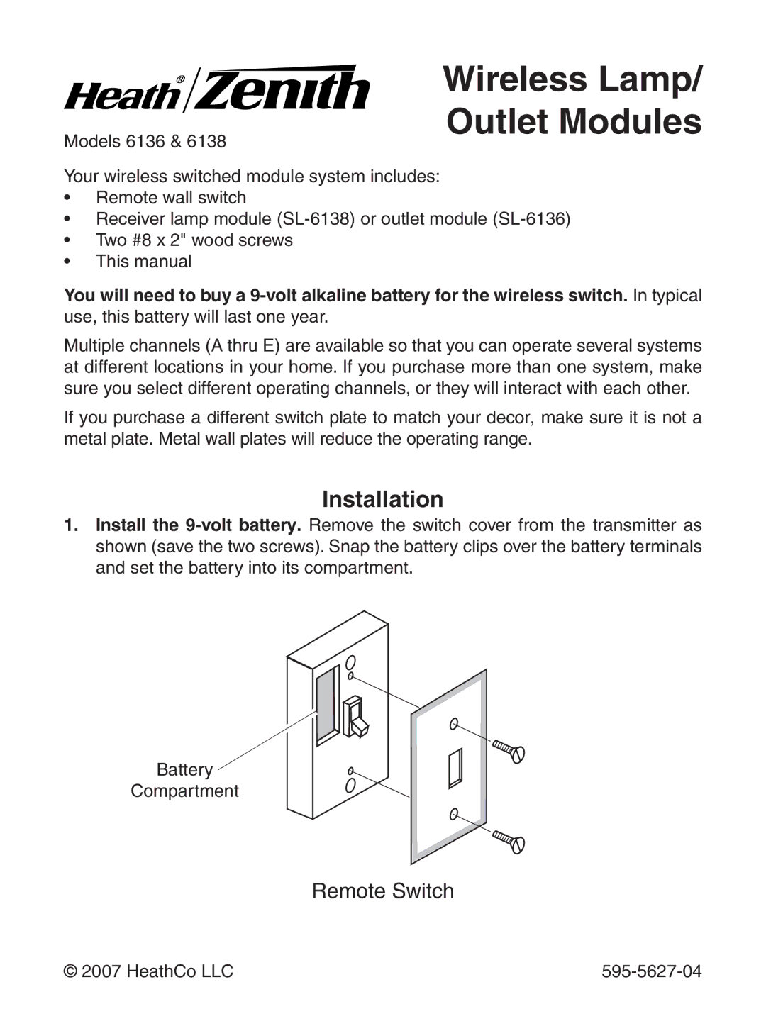 Heath Zenith 6138, 6136 manual Wireless Lamp/ Outlet Modules, Installation 