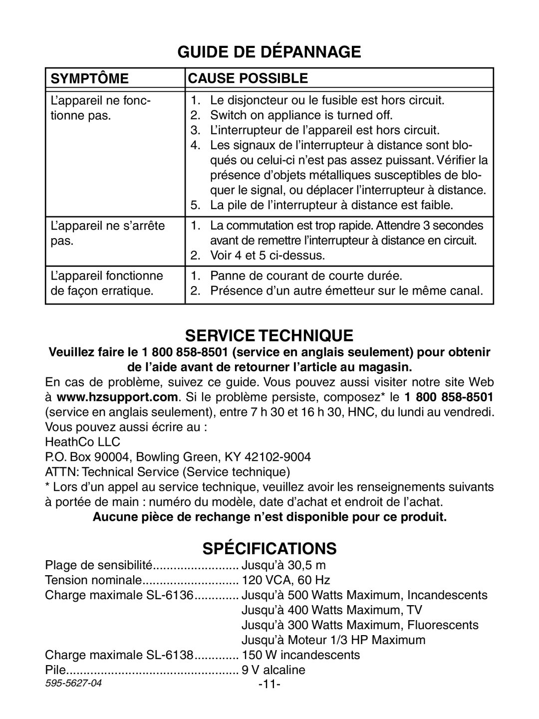 Heath Zenith 6138, 6136 manual Guide DE Dépannage, Service Technique, Spécifications, Symptôme Cause Possible 