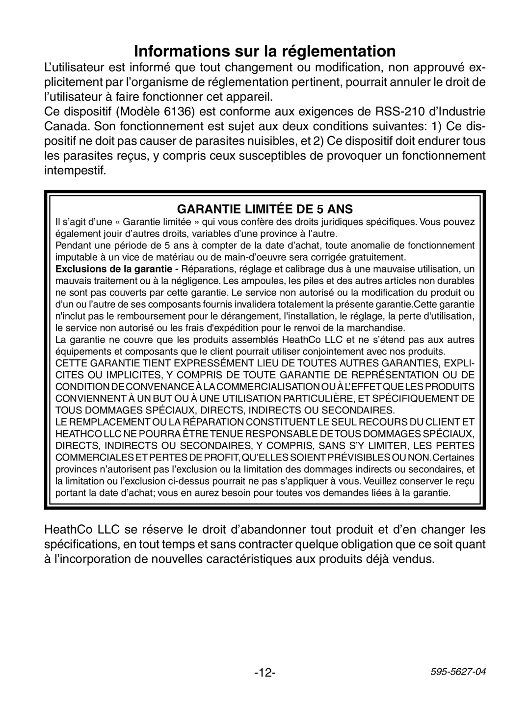 Heath Zenith 6136, 6138 manual Informations sur la réglementation, Garantie Limitée DE 5 ANS 