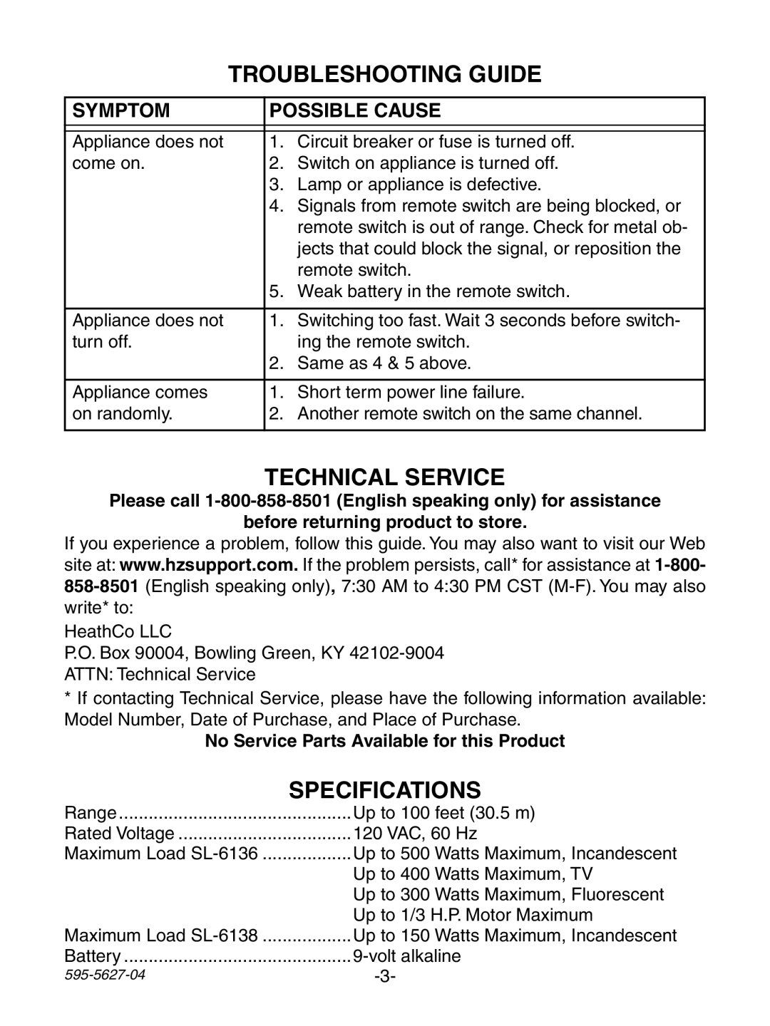 Heath Zenith 6138, 6136 manual Troubleshooting Guide, Technical Service, Specifications, Symptom Possible Cause 