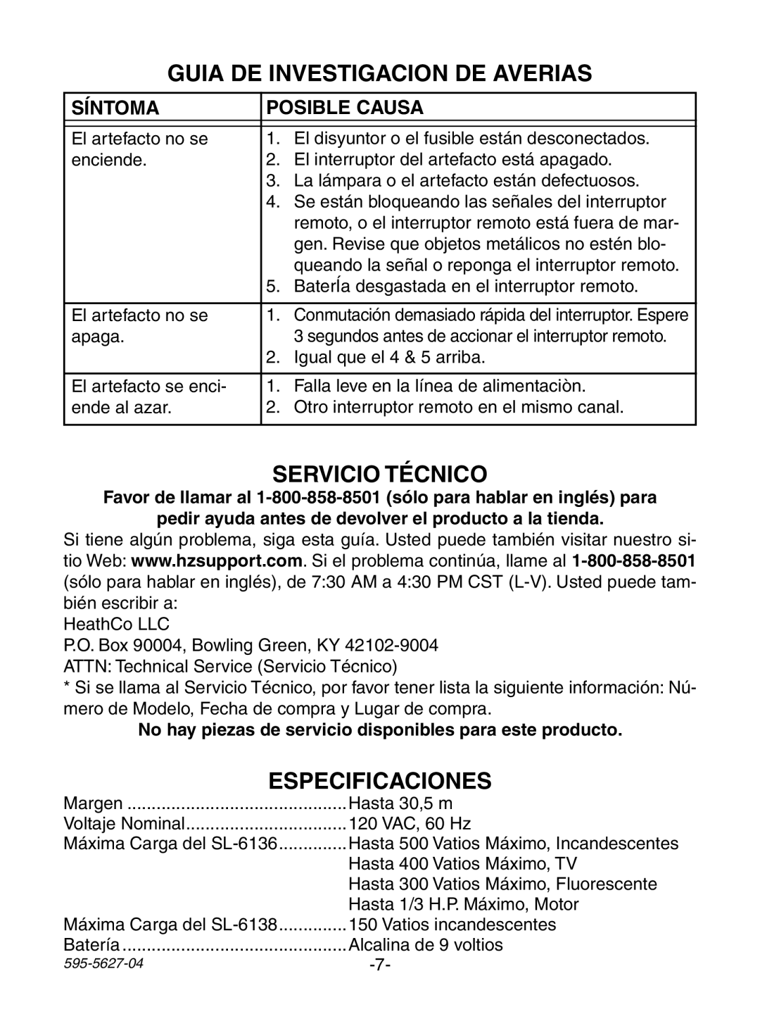 Heath Zenith 6138, 6136 manual Guia DE Investigacion DE Averias, Servicio Técnico, Especificaciones, Síntoma Posible Causa 