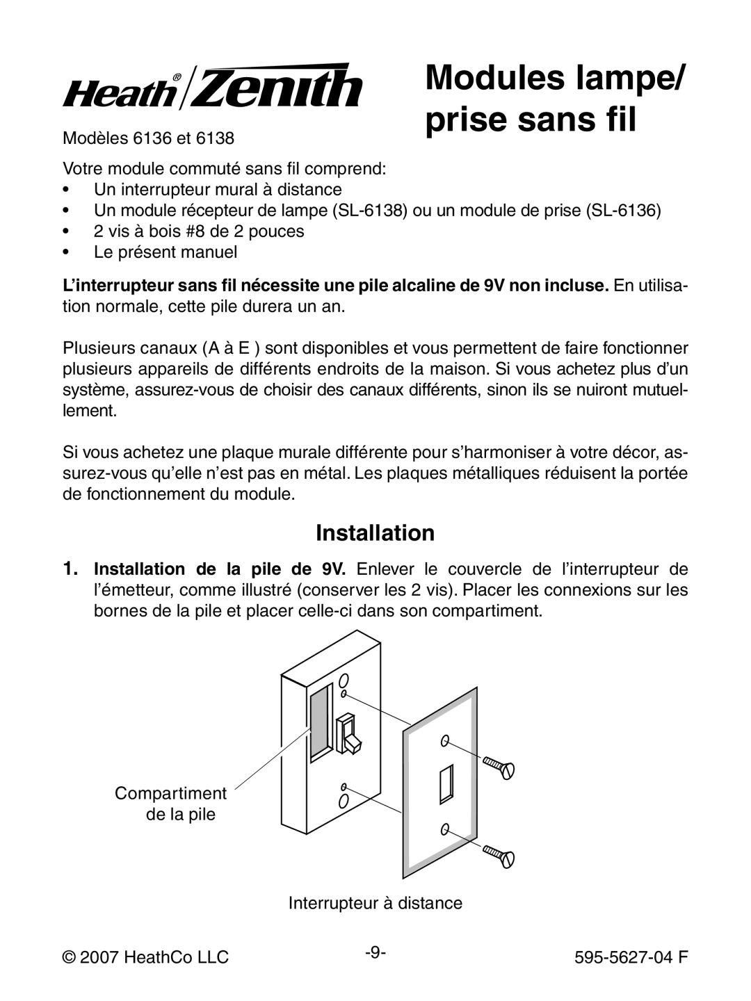 Heath Zenith 6138, 6136 manual Modules lampe/ prise sans fil, Installation 