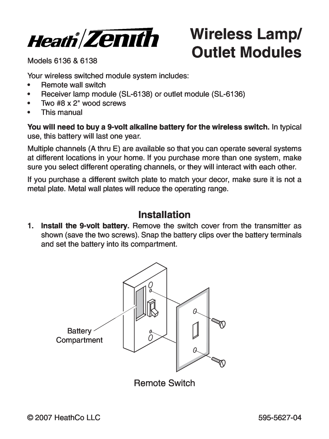 Heath Zenith 6138, 6136 manual Wireless Lamp/ Outlet Modules, Installation, Remote Switch 