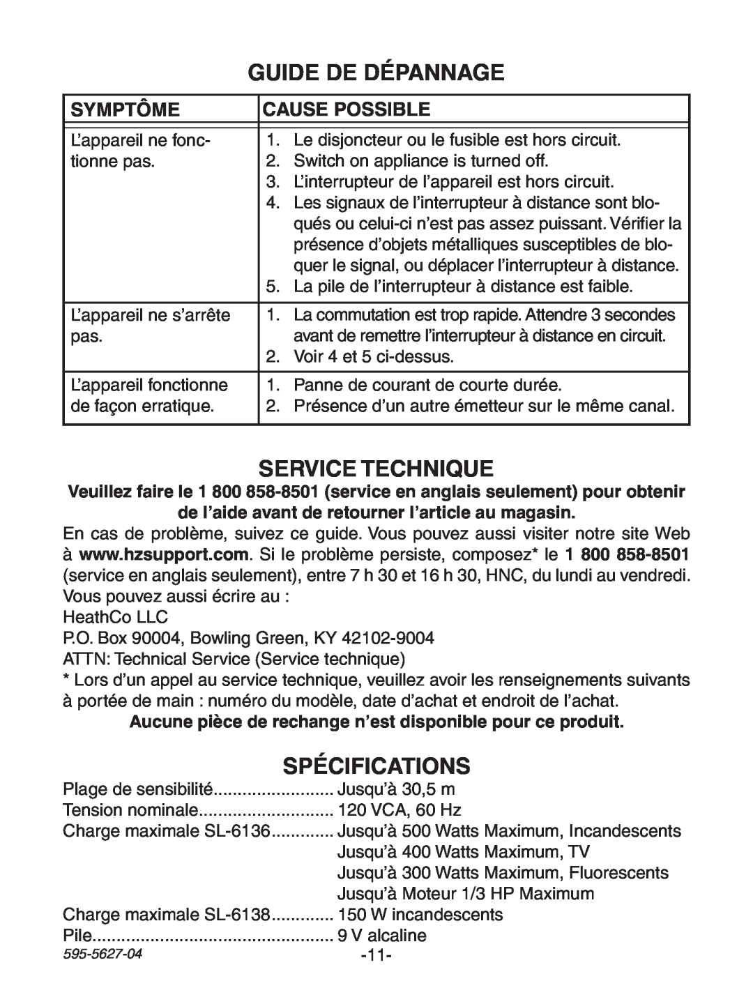 Heath Zenith 6138, 6136 manual Guide De Dépannage, Service Technique, Spécifications, Symptôme, Cause Possible 