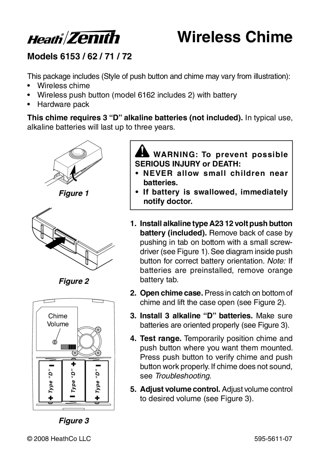 Heath Zenith 6153/62/71/72 manual Wireless Chime 
