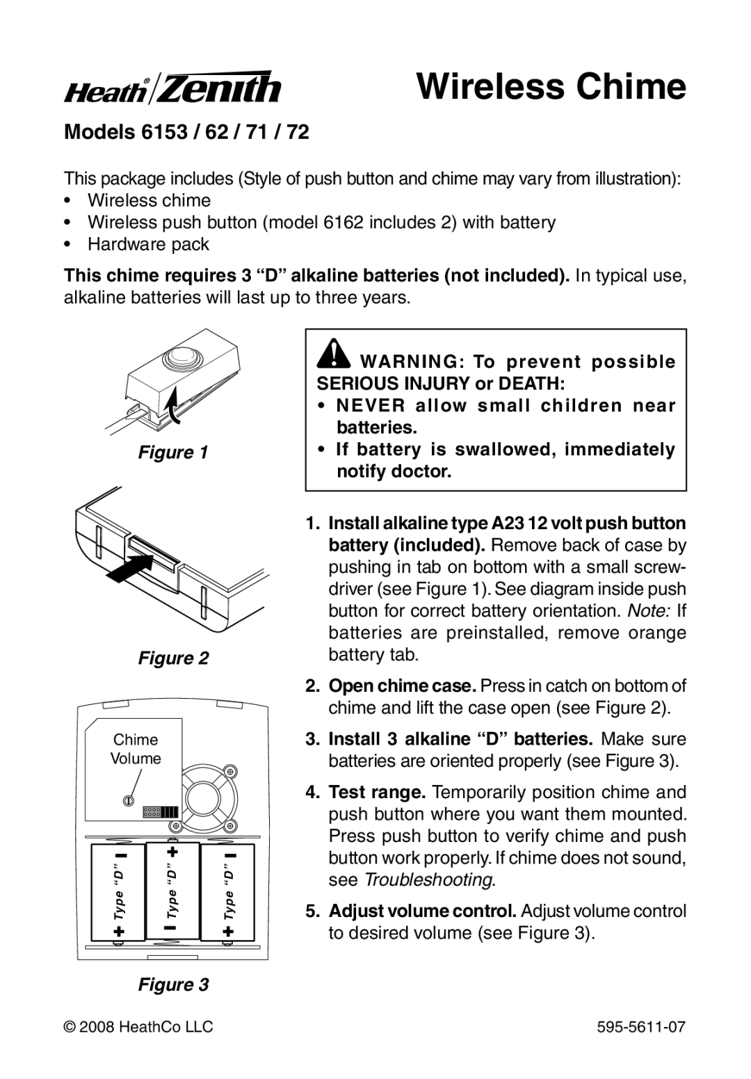 Heath Zenith 6153/62/71/72 manual Wireless Chime, Models 6153 / 62 / 71, NEVER allow small children near batteries 